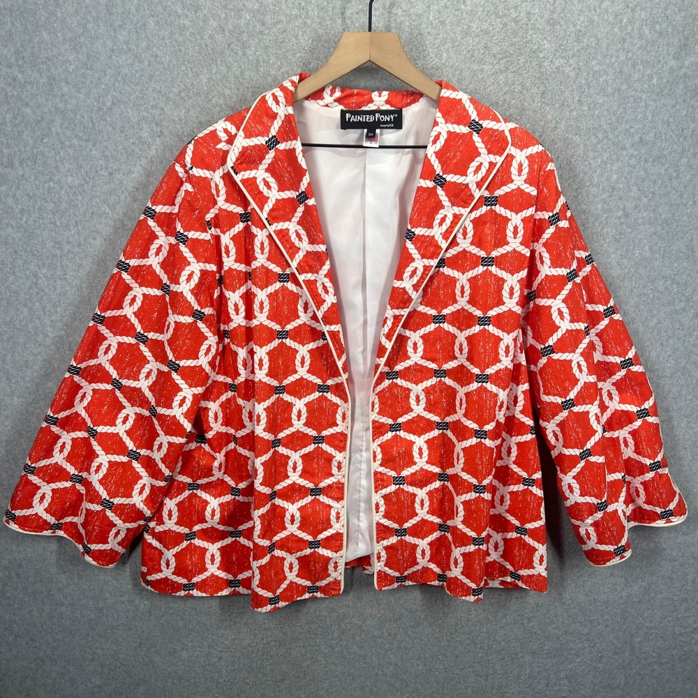 Painted Pony Blazer Women 3X Red Nautical Rope Print Cotton Open Front Jacket
